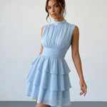Light Blue Tiered Chiffon Mock Neck Slim Fit Mini Dress