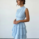 Light Blue Tiered Chiffon Mock Neck Slim Fit Mini Dress