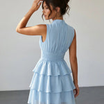 Light Blue Tiered Chiffon Mock Neck Slim Fit Mini Dress