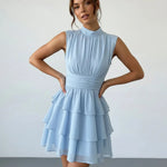 Light Blue Tiered Chiffon Mock Neck Slim Fit Mini Dress