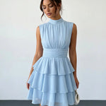 Light Blue Tiered Chiffon Mock Neck Slim Fit Mini Dress