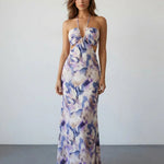 Purple Marble Print Halter Cutout Floral Spring Maxi Dress