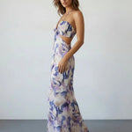 Purple Marble Print Halter Cutout Floral Spring Maxi Dress