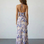 Purple Marble Print Halter Cutout Floral Spring Maxi Dress