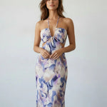 Purple Marble Print Halter Cutout Floral Spring Maxi Dress