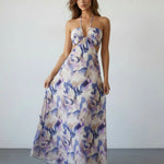 Purple Marble Print Halter Cutout Floral Spring Maxi Dress