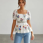 White Floral Embroidered Square Neck Peplum Slim Fit Short Top