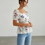 White Floral Embroidered Square Neck Peplum Slim Fit Short Top