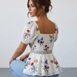 White Floral Embroidered Square Neck Peplum Slim Fit Short Top