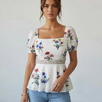 White Floral Embroidered Square Neck Peplum Slim Fit Short Top
