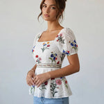 White Floral Embroidered Square Neck Peplum Slim Fit Short Top