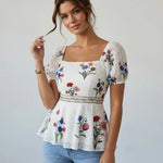 White Floral Embroidered Square Neck Peplum Slim Fit Short Top
