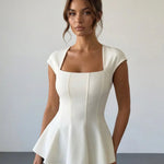 Ivory Square Neck Cap Sleeve Seamed Peplum Elegant Top