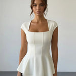 Ivory Square Neck Cap Sleeve Seamed Peplum Elegant Top