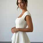 Ivory Square Neck Cap Sleeve Seamed Peplum Elegant Top