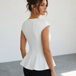 Ivory Square Neck Cap Sleeve Seamed Peplum Elegant Top
