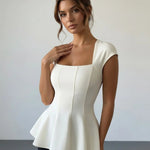 Ivory Square Neck Cap Sleeve Seamed Peplum Elegant Top