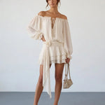 Beige Off-Shoulder Balloon Sleeve Ruffled with Floral Sash Mini Dress
