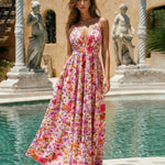 Pink Cut Out Floral Print Chiffon Slim Fit Maxi Dress