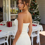 Cream White Textured Strapless Tie Front Top
