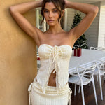 Cream White Textured Strapless Tie Front Top