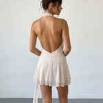 Ivory Halter Neck Floral Applique Mini Dress