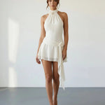 Ivory Halter Neck Floral Applique Mini Dress