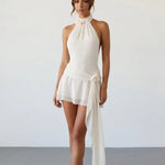 Ivory Halter Neck Floral Applique Mini Dress