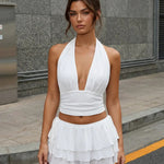 White Backless Ruffled Chiffon Slim Fit Sleeveless Top Mini Skirts Set