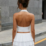 White Backless Ruffled Chiffon Slim Fit Sleeveless Top Mini Skirts Set