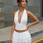 White Backless Ruffled Chiffon Slim Fit Sleeveless Top Mini Skirts Set
