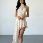 Beige Polka Dot Halter High Neck Asymmetric Hem Dress