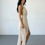 Beige Polka Dot Halter High Neck Asymmetric Hem Dress