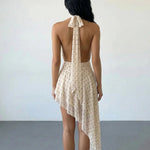 Beige Polka Dot Halter High Neck Asymmetric Hem Dress