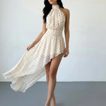 Beige Polka Dot Halter High Neck Asymmetric Hem Dress