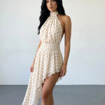 Beige Polka Dot Halter High Neck Asymmetric Hem Dress