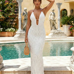 White Metal Ring Deep V Neck Textured Slim Fit Maxi Dress