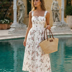 White Romantic Floral Print Square Neck Fit Flare Vacation Midi Dress