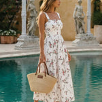 White Romantic Floral Print Square Neck Fit Flare Vacation Midi Dress