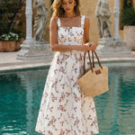 White Romantic Floral Print Square Neck Fit Flare Vacation Midi Dress