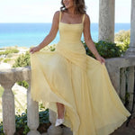 Elegant Square Neck Corset Back Lace Up Maxi Dress