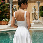 White Ruched Waist Sweetheart Neckline Flared Vacation Mini Dress