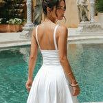 White Ruched Waist Sweetheart Neckline Flared Vacation Mini Dress