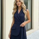 Navy Sleeveless Self-Tie Belt  Blazer And Pleated Skirt Set