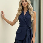 Navy Sleeveless Self-Tie Belt  Blazer And Pleated Skirt Set