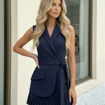Navy Sleeveless Self-Tie Belt  Blazer And Pleated Skirt Set