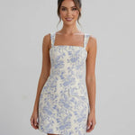 Blue and White Floral Jacquard Slim Fit Mini Dress