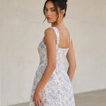 Blue and White Floral Jacquard Slim Fit Mini Dress
