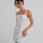 Blue and White Floral Jacquard Slim Fit Mini Dress