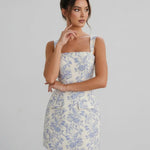 Blue and White Floral Jacquard Slim Fit Mini Dress